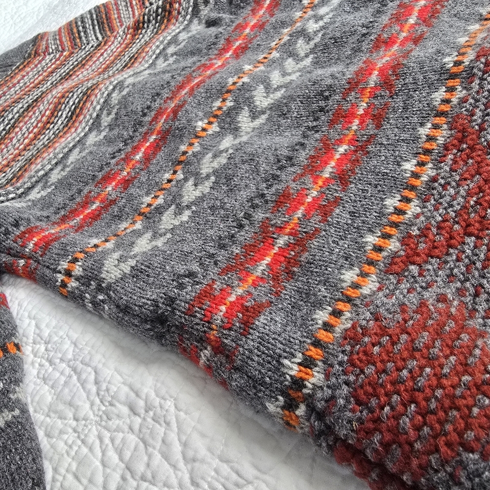 Woolrich Gray Shawl Collar Fair Isle Wool Cardigan with Red & Orange Accents - Picture 10 of 14
